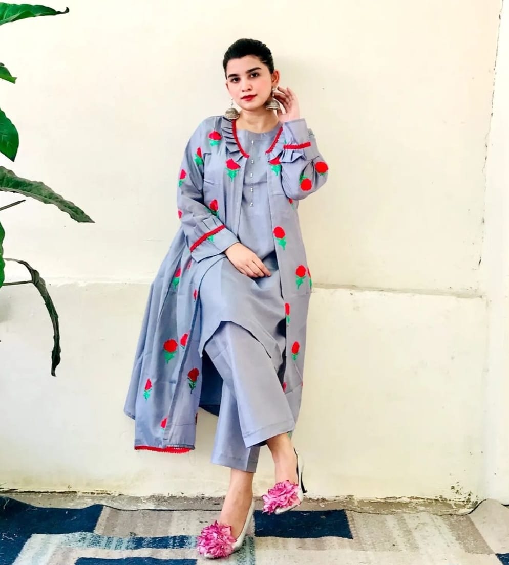 Stylish Stitched Embroidered Flower Gown 3PC