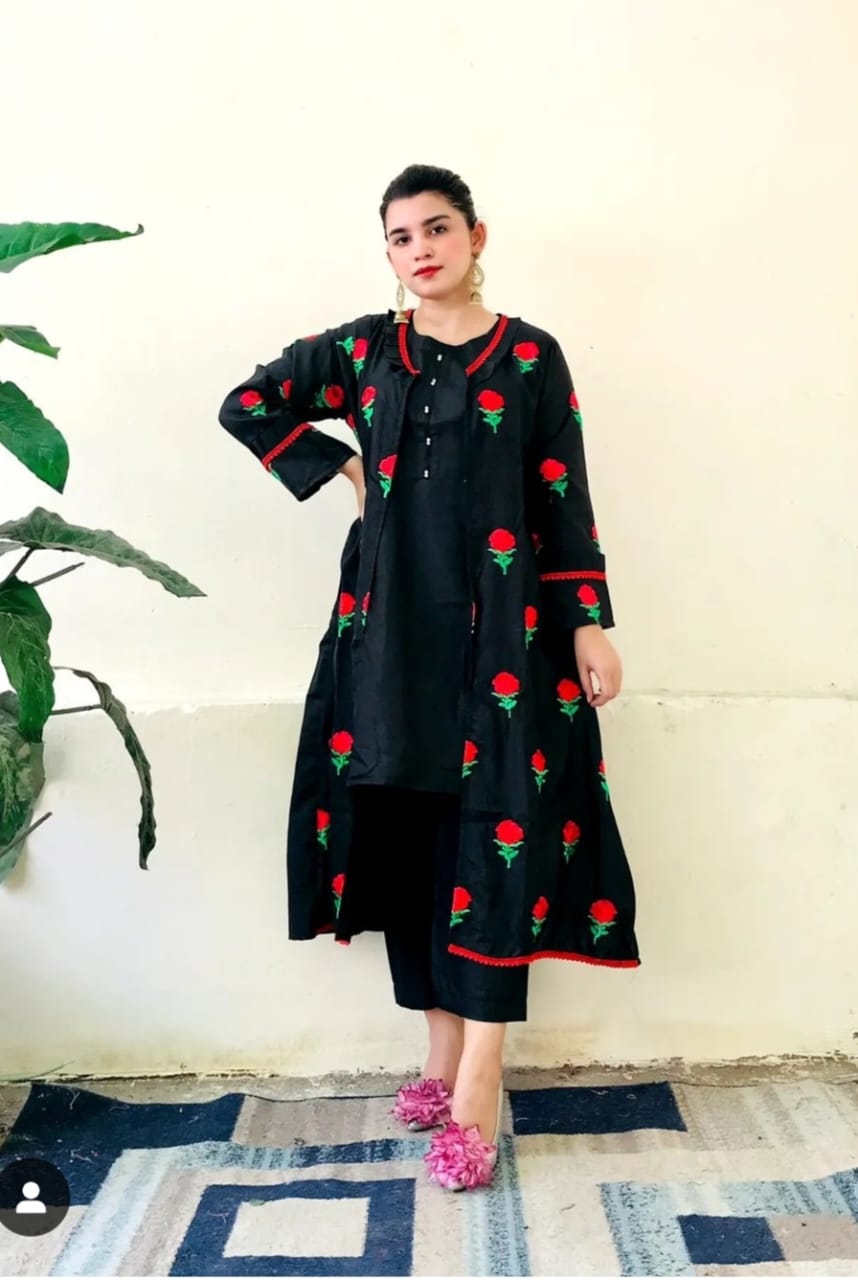 Stylish Stitched Embroidered Flower Gown 3PC