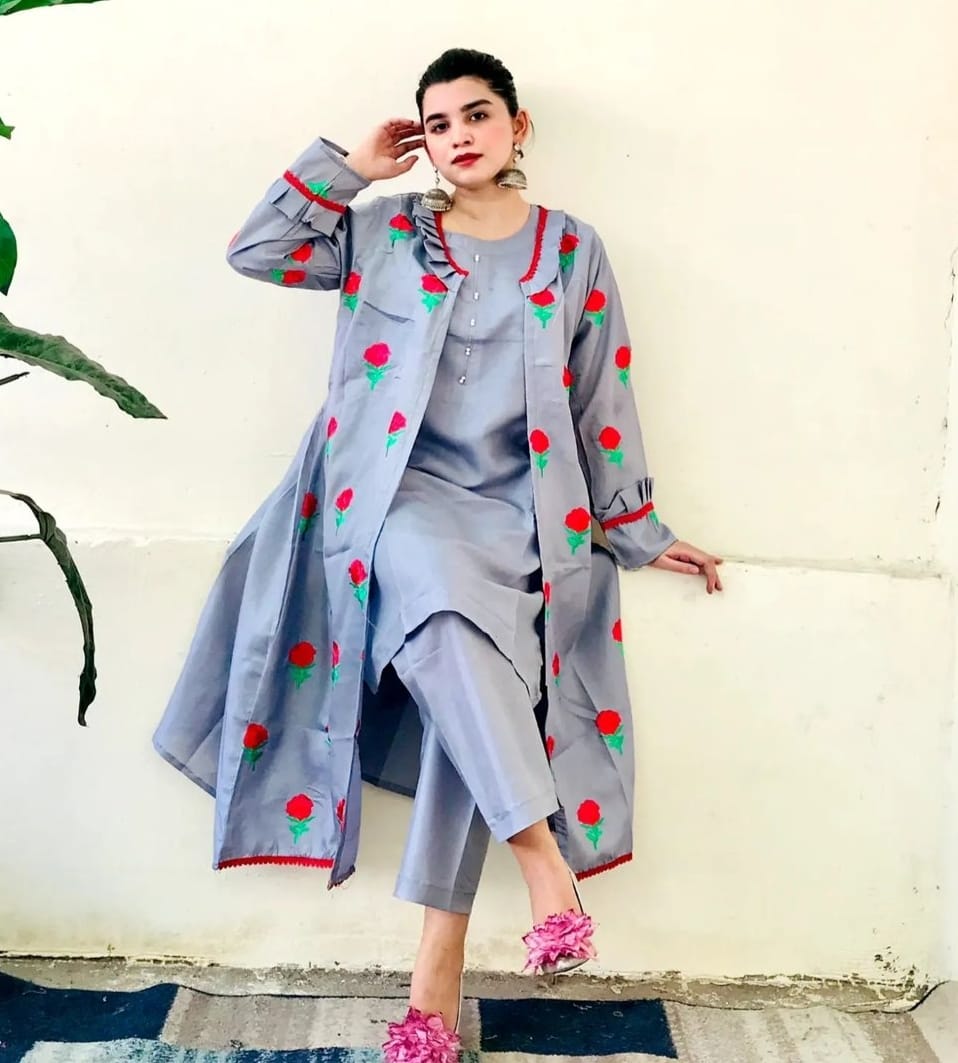 Stylish Stitched Embroidered Flower Gown 3PC