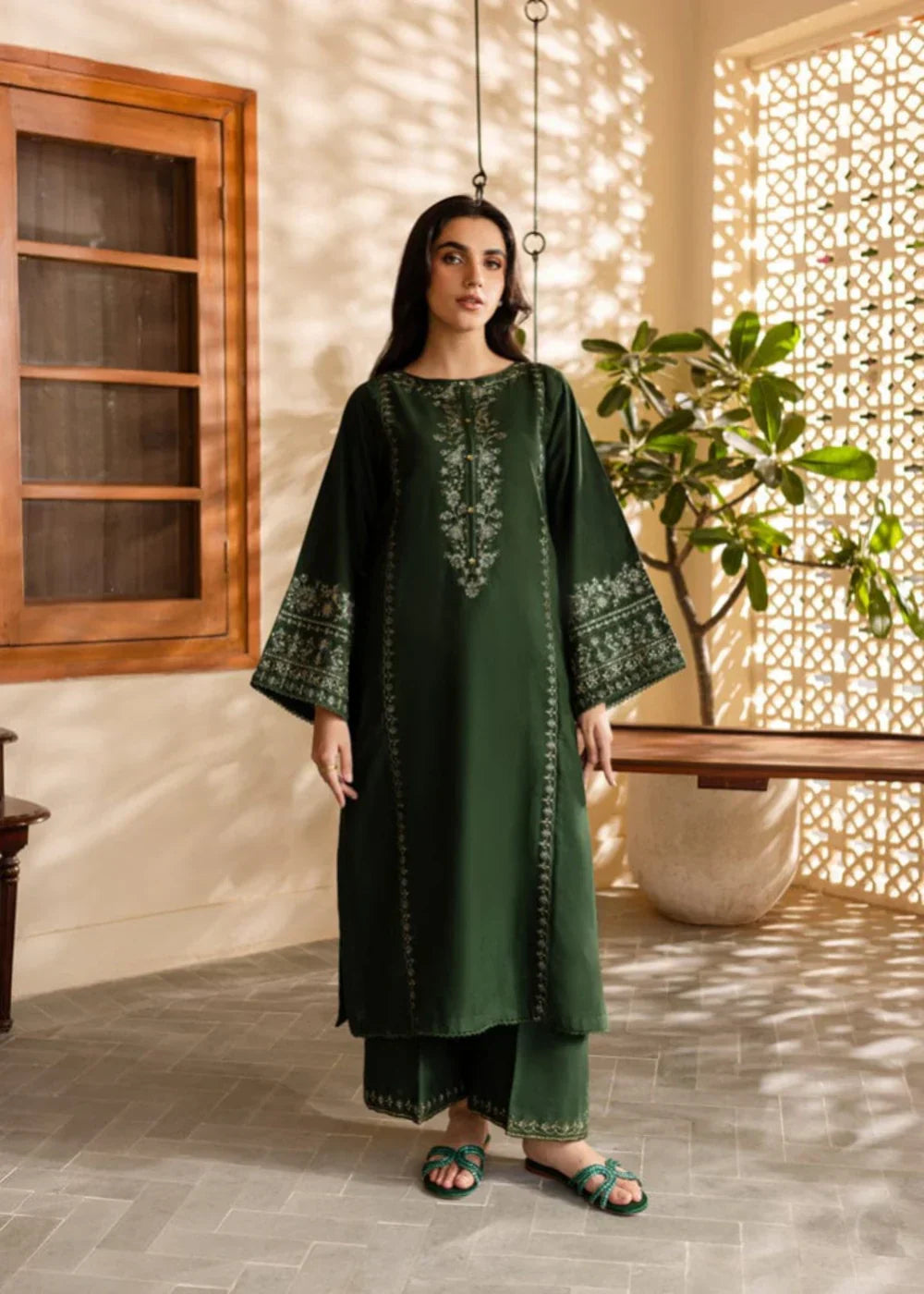 OLIVE BLOOM LAWN EMBROIDERY 2 PIECE SUIT -